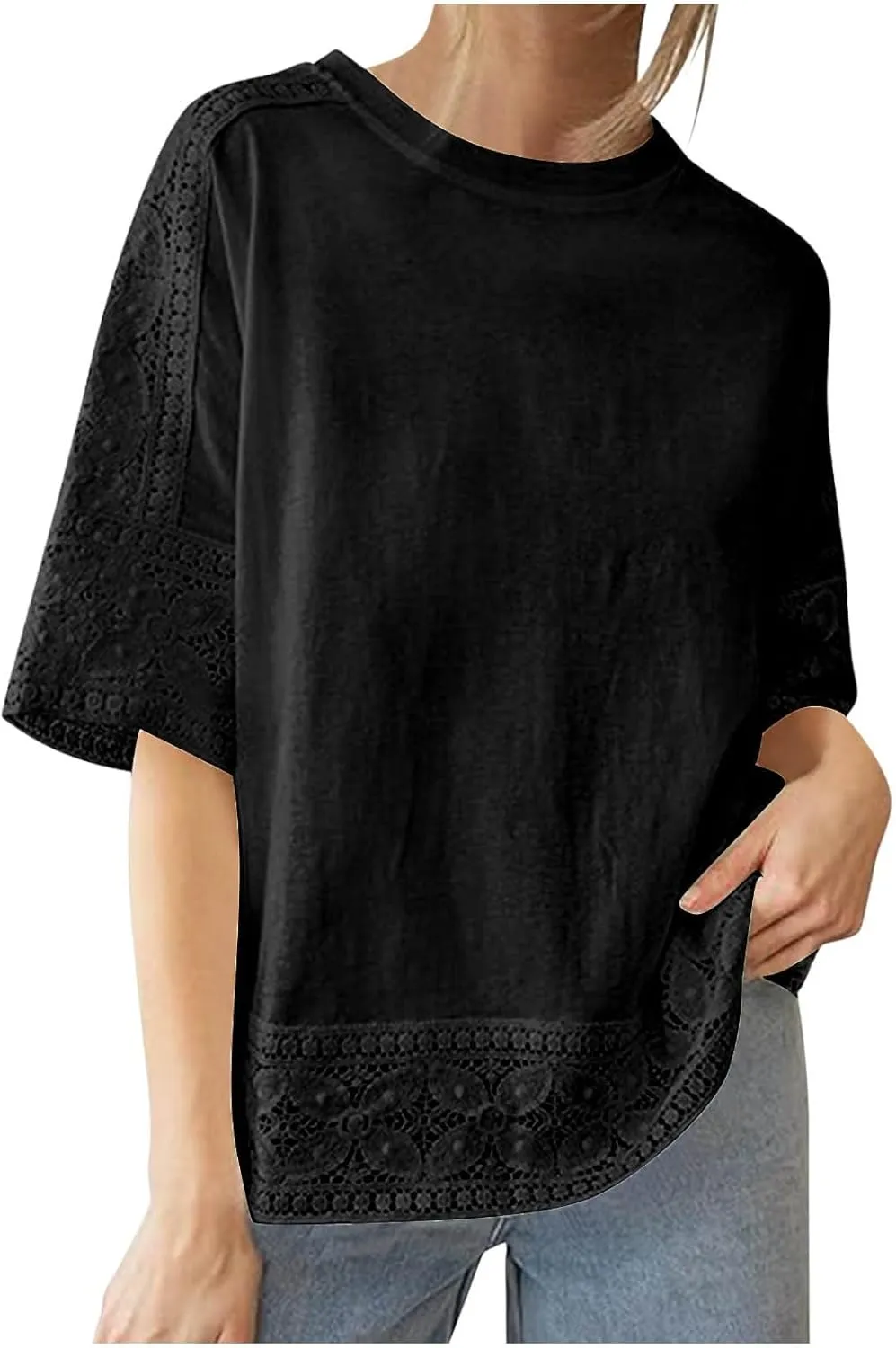 Lace Hollow Out Cotton Linen T Shirts for Women Casual Summer 2025 Crewneck 3/4 Sleeve Tops Loose Vacation Boho Tees