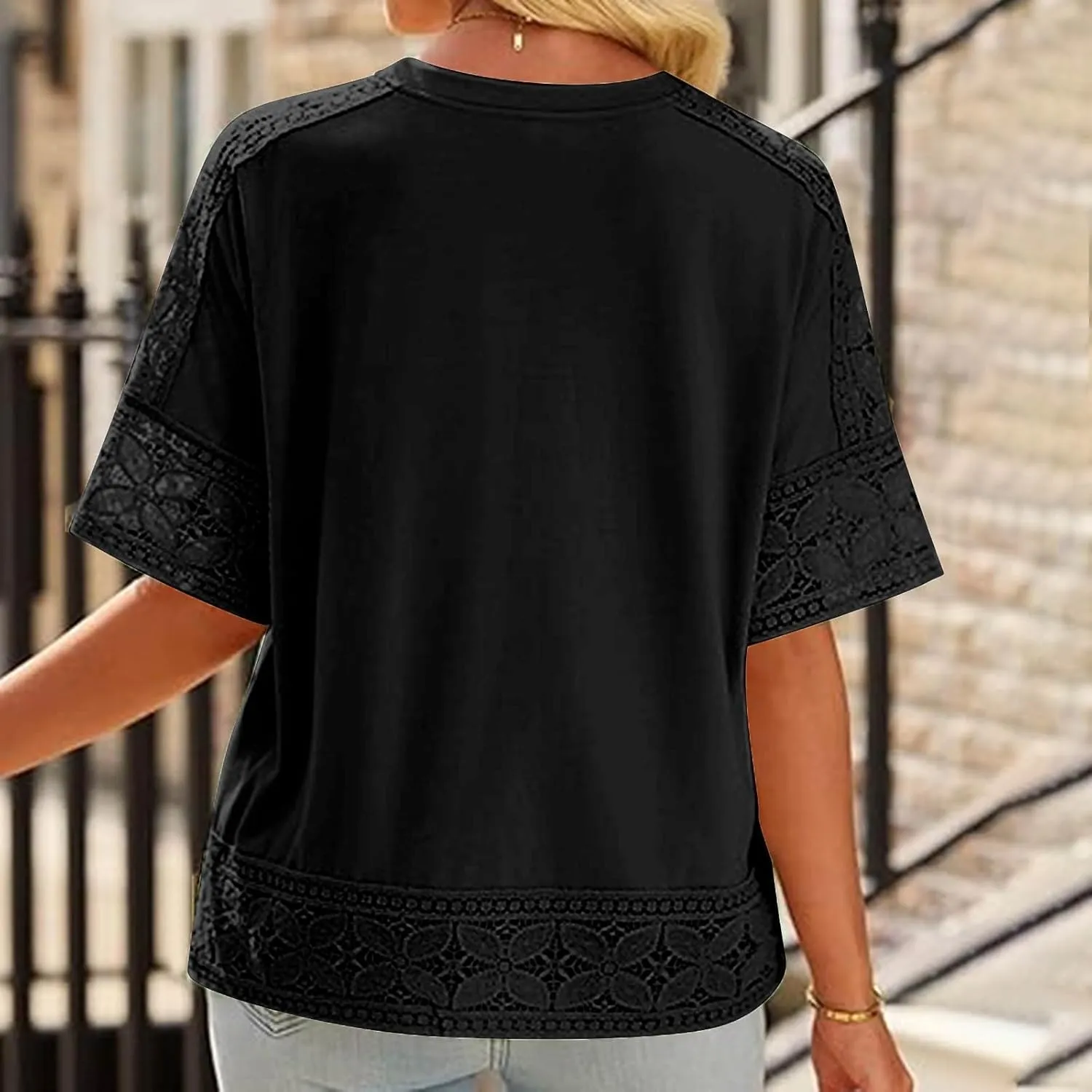 Lace Hollow Out Cotton Linen T Shirts for Women Casual Summer 2025 Crewneck 3/4 Sleeve Tops Loose Vacation Boho Tees