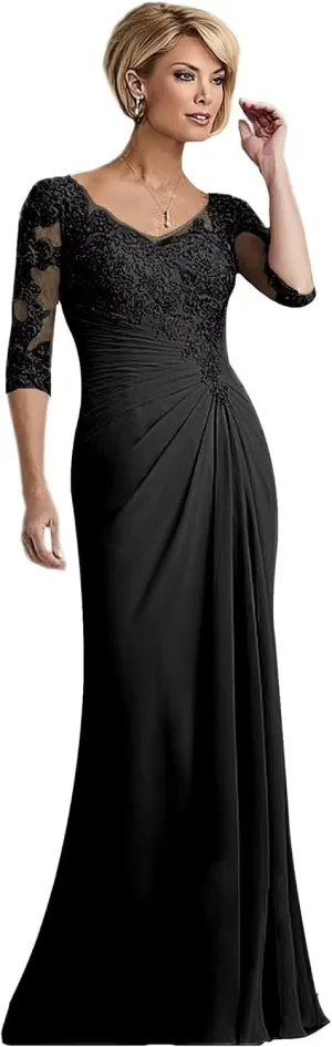 Lace Mother of The Bride Dresses for Wedding Long Chiffon Formal Evening Gown with Sleeves