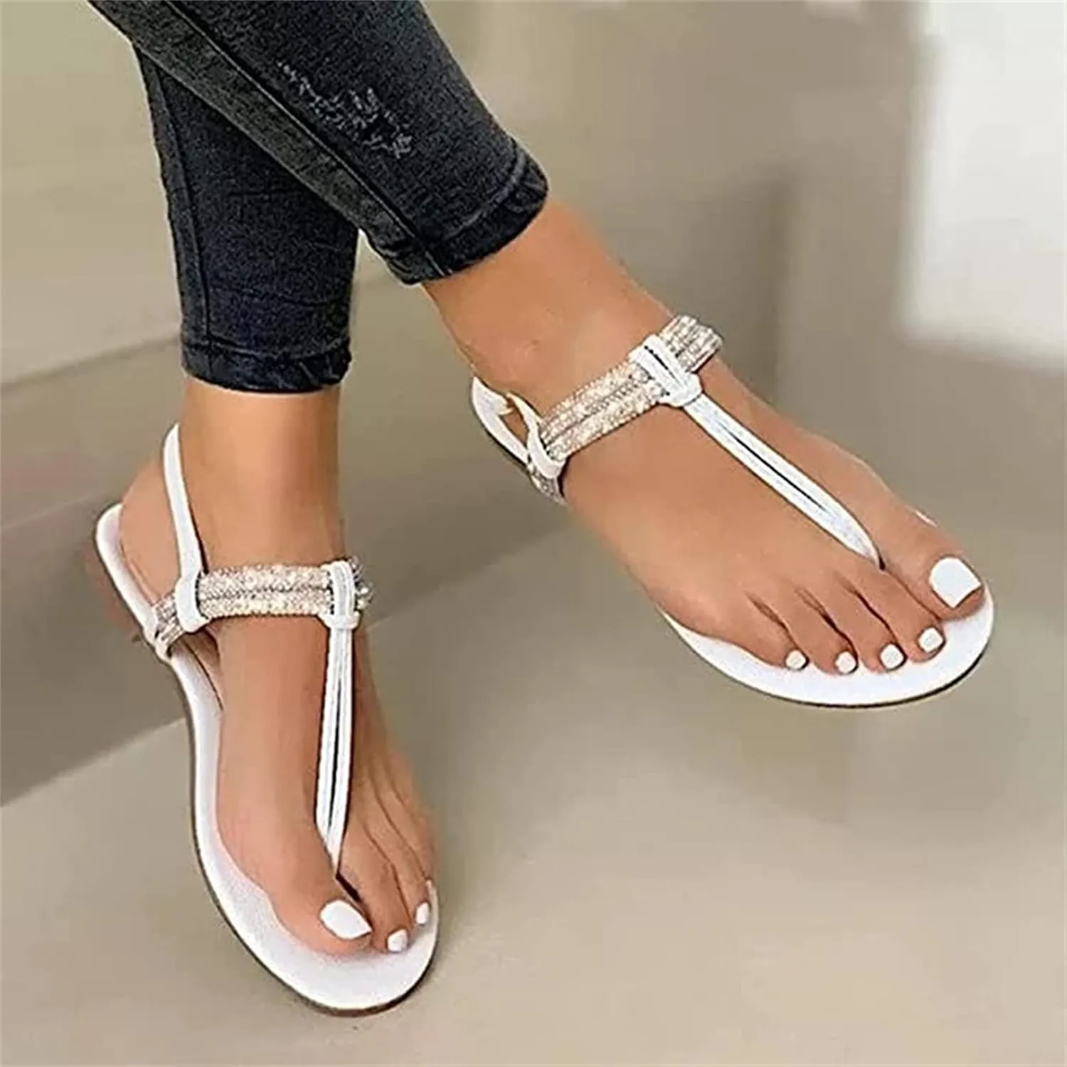Ladmiple Sandals for Women Dressy,Women's Fashion 2023 Crystal Flip Flops Roman Casual Beach T-Strap Flat Sandal Shoes