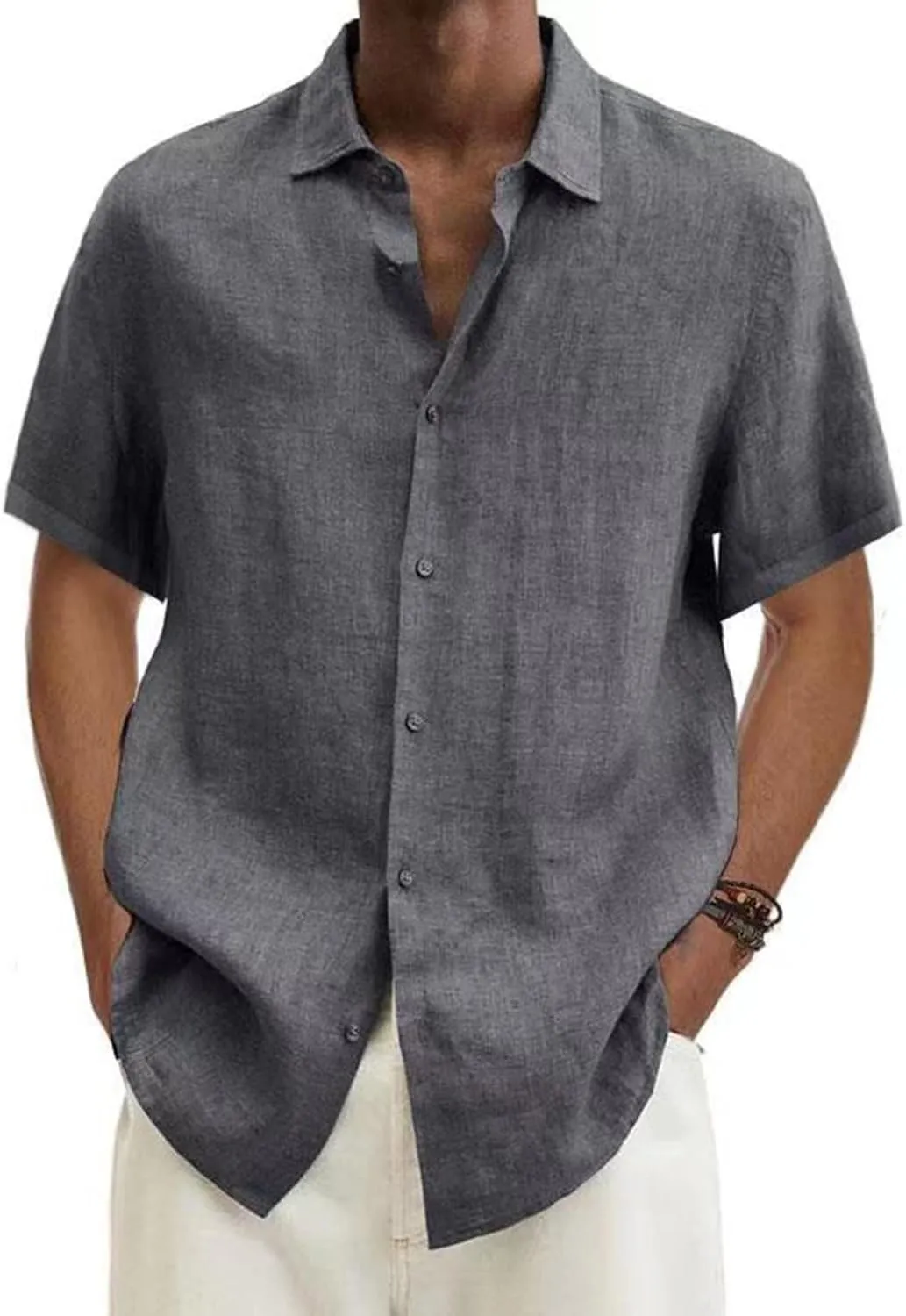 Linen Shirts Men Short Sleeve Button Down Tops Lightweight Beach Shirts Regular Fit