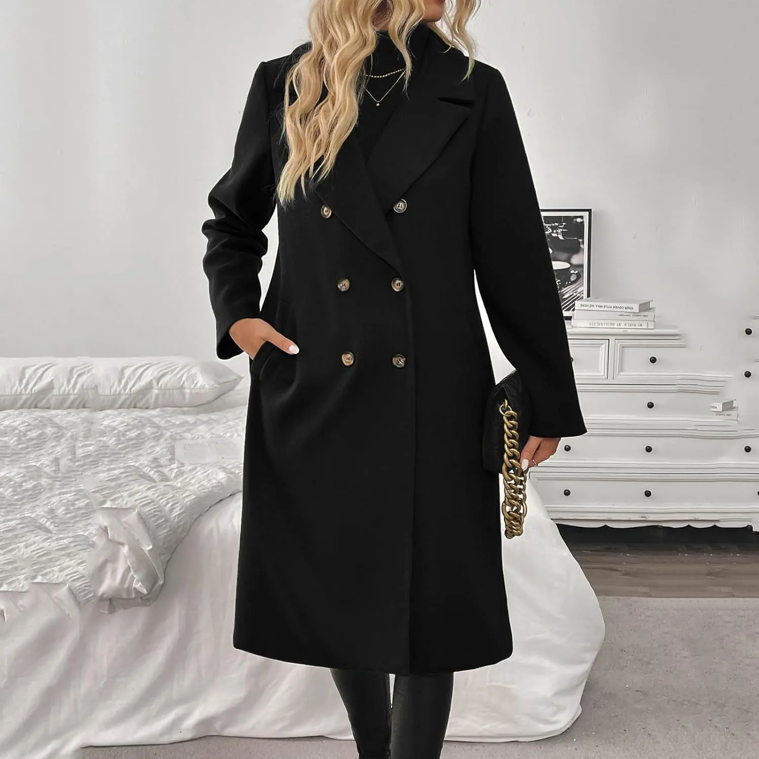 Lmdudan Womens Notched Lapel Collar Trench Coat Double Breasted Pea Coat Winter Wool Blend Over Coats Fashion Long Jackets