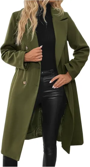 Lmdudan Womens Notched Lapel Collar Trench Coat Double Breasted Pea Coat Winter Wool Blend Over Coats Fashion Long Jackets