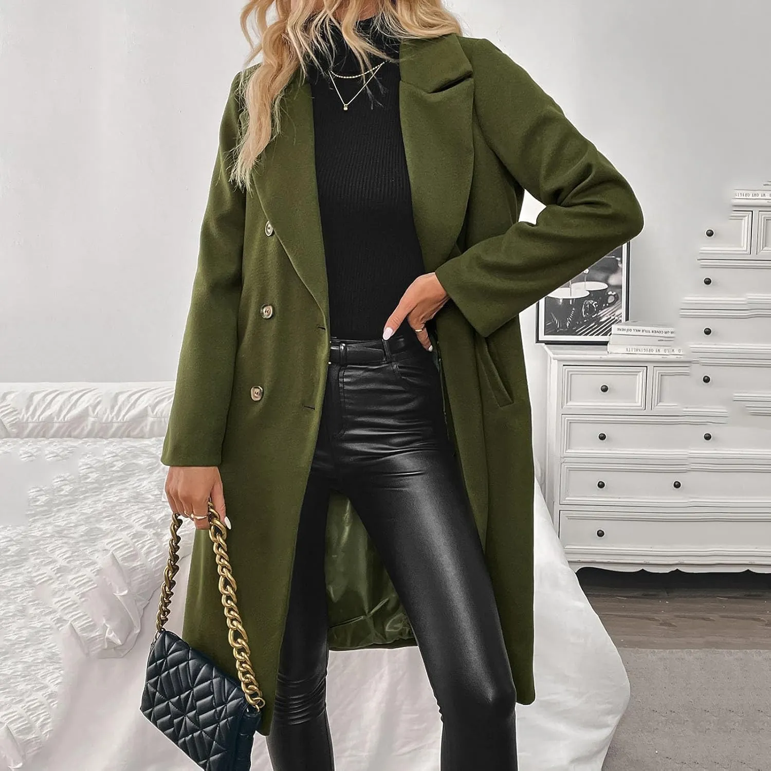 Lmdudan Womens Notched Lapel Collar Trench Coat Double Breasted Pea Coat Winter Wool Blend Over Coats Fashion Long Jackets