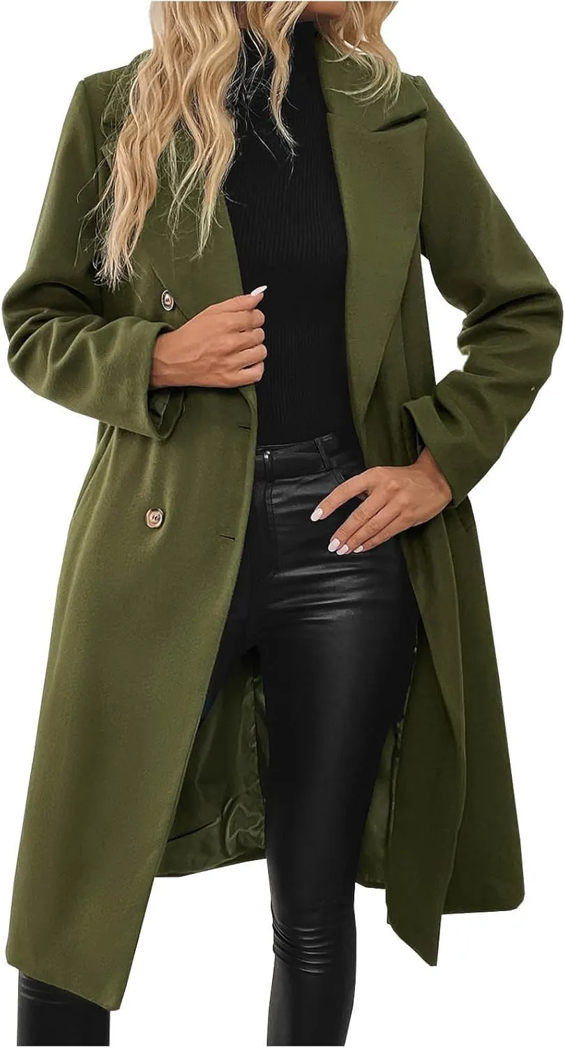 Lmdudan Womens Notched Lapel Collar Trench Coat Double Breasted Pea Coat Winter Wool Blend Over Coats Fashion Long Jackets