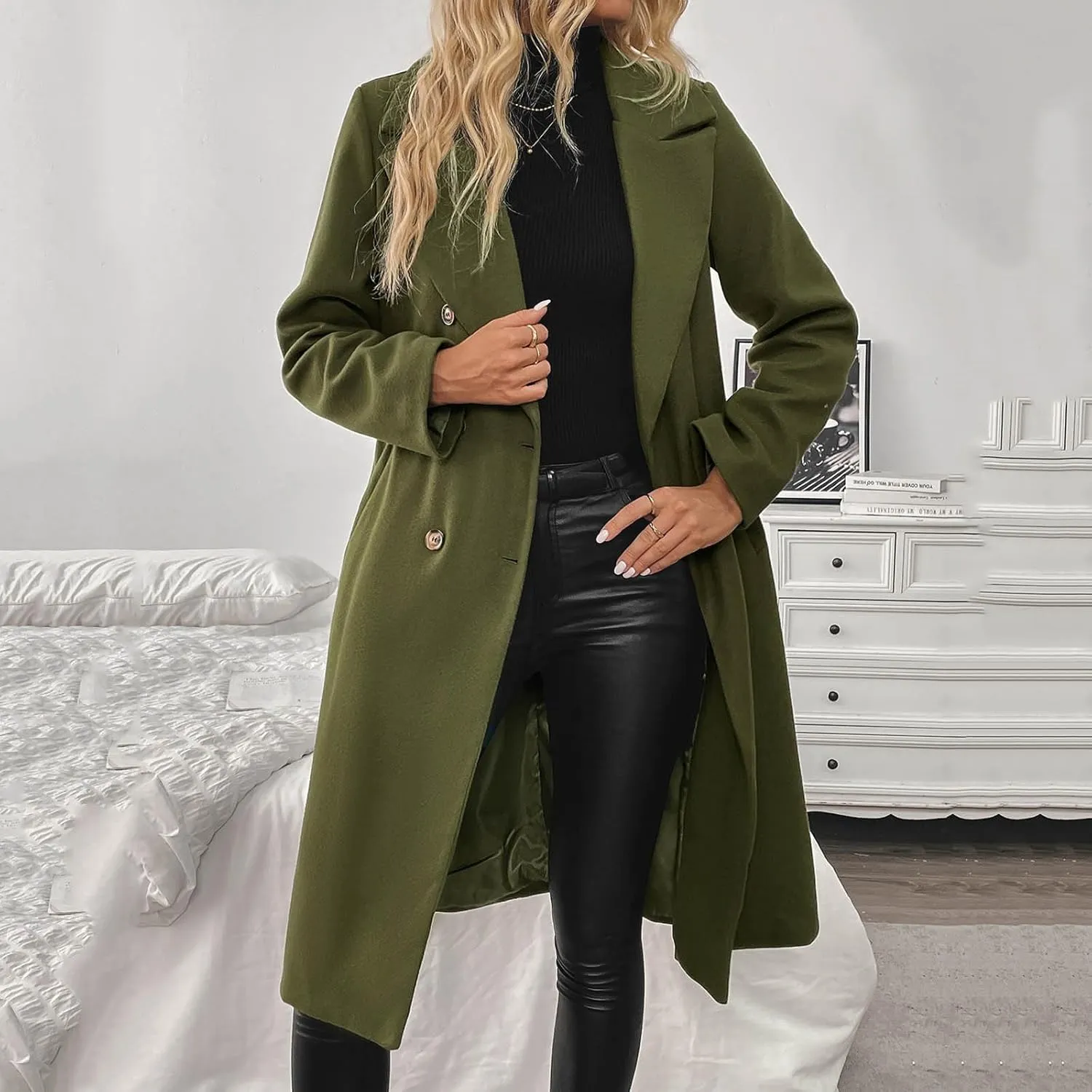 Lmdudan Womens Notched Lapel Collar Trench Coat Double Breasted Pea Coat Winter Wool Blend Over Coats Fashion Long Jackets
