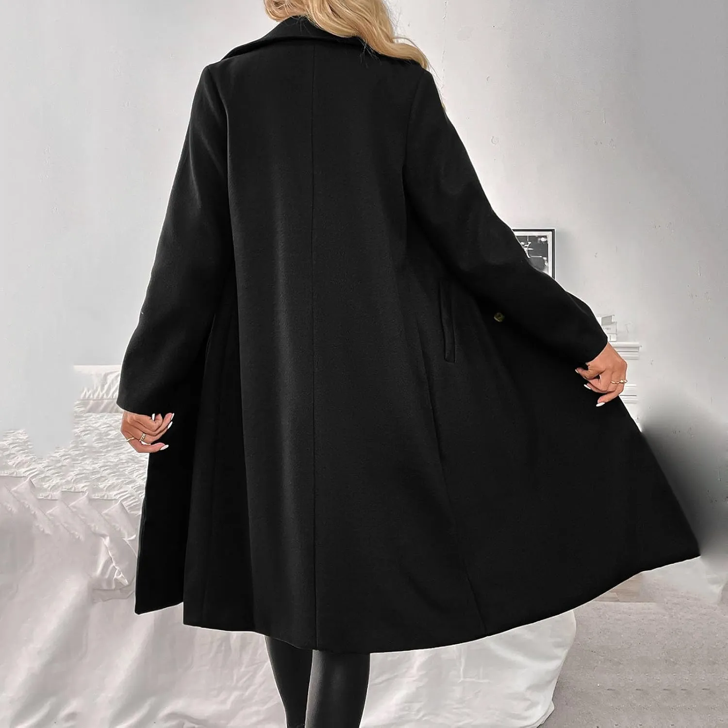 Lmdudan Womens Notched Lapel Collar Trench Coat Double Breasted Pea Coat Winter Wool Blend Over Coats Fashion Long Jackets