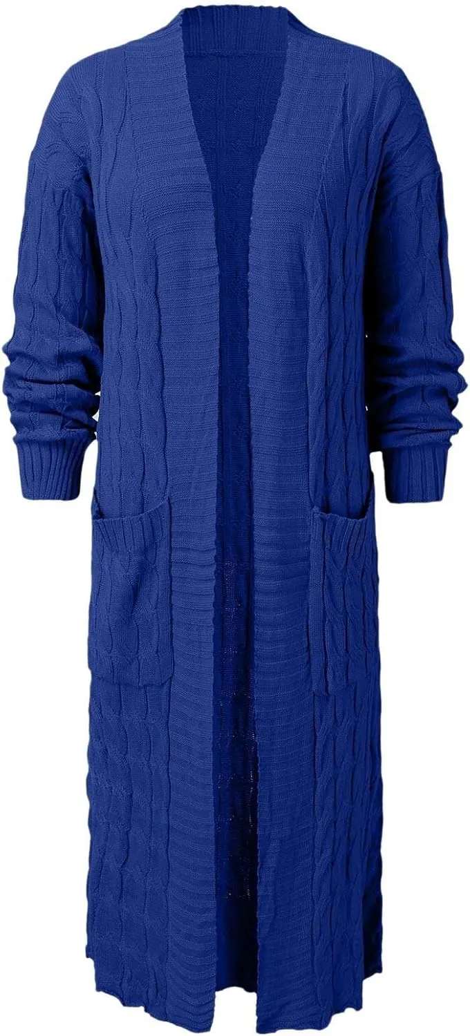 Long Cardigan for Women Long Sleeve Cable Knit Loose Plain Fall Winter Trench Coat with Pocket Autumn Ankle Length