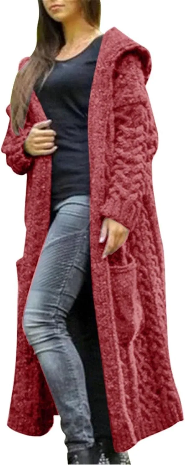 Long Cardigan for Women Long Sleeve Cable Knit Loose Plain Fall Winter Trench Coat with Pocket Autumn Ankle Length