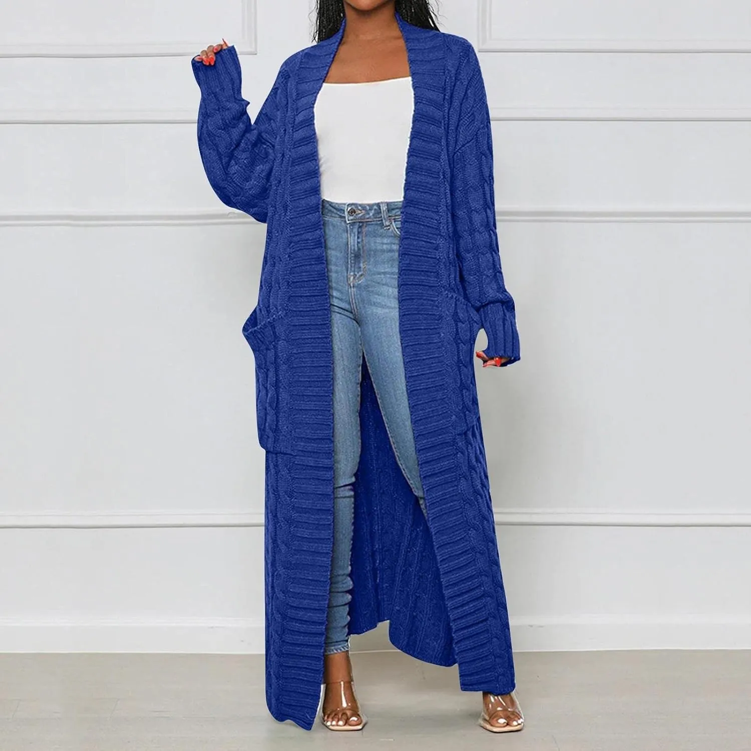 Long Cardigan for Women Long Sleeve Cable Knit Loose Plain Fall Winter Trench Coat with Pocket Autumn Ankle Length