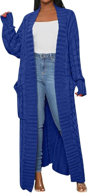 Long Cardigan for Women Long Sleeve Cable Knit Loose Plain Fall Winter Trench Coat with Pocket Autumn Ankle Length