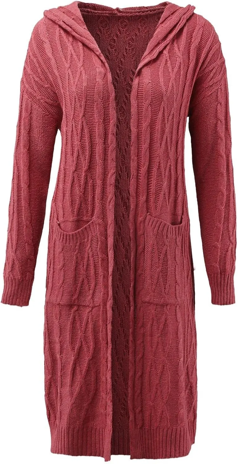 Long Cardigan for Women Long Sleeve Cable Knit Loose Plain Fall Winter Trench Coat with Pocket Autumn Ankle Length