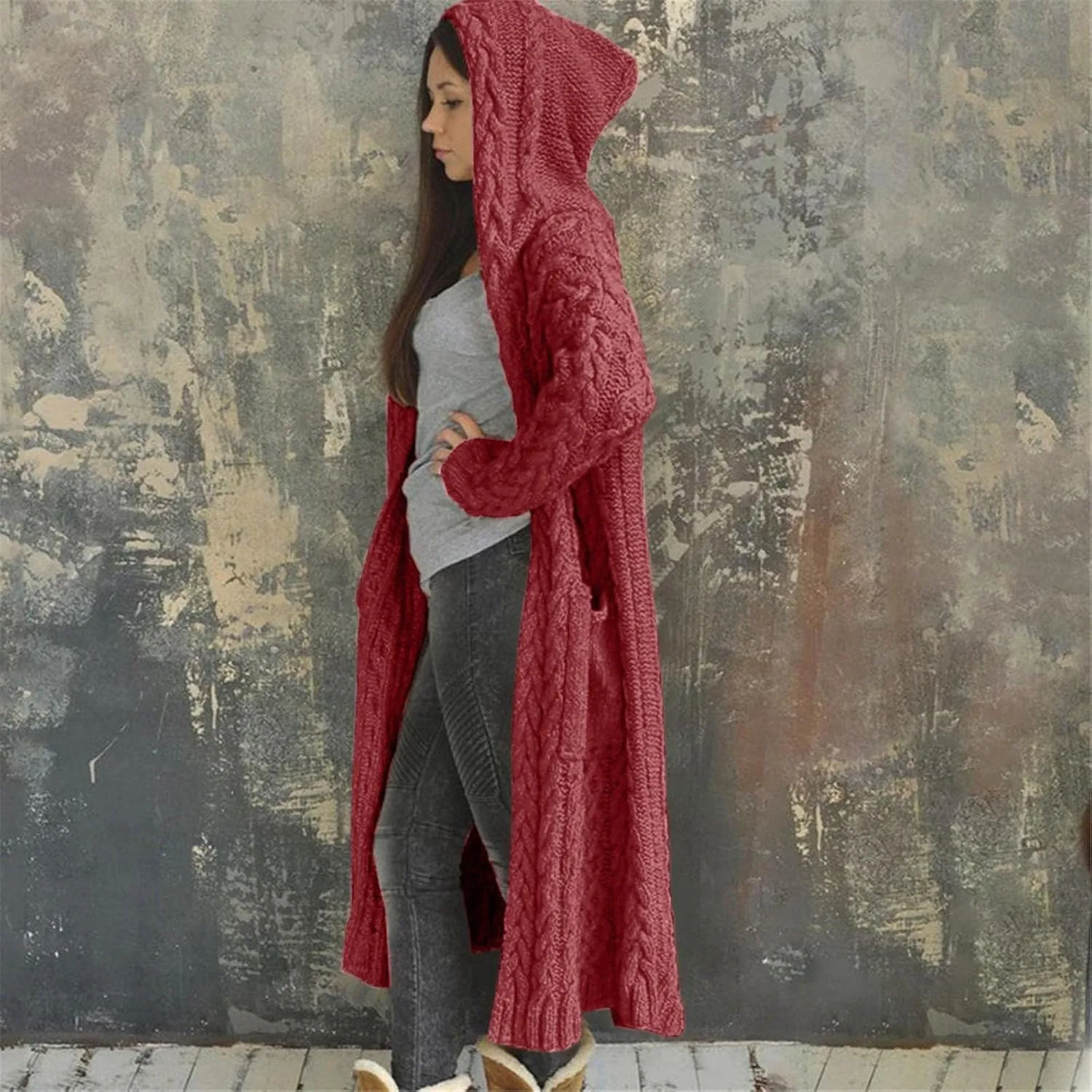 Long Cardigan for Women Long Sleeve Cable Knit Loose Plain Fall Winter Trench Coat with Pocket Autumn Ankle Length