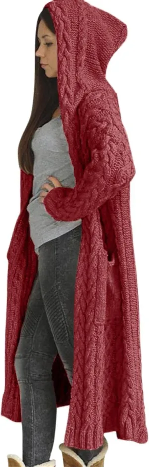 Long Cardigan for Women Long Sleeve Cable Knit Loose Plain Fall Winter Trench Coat with Pocket Autumn Ankle Length