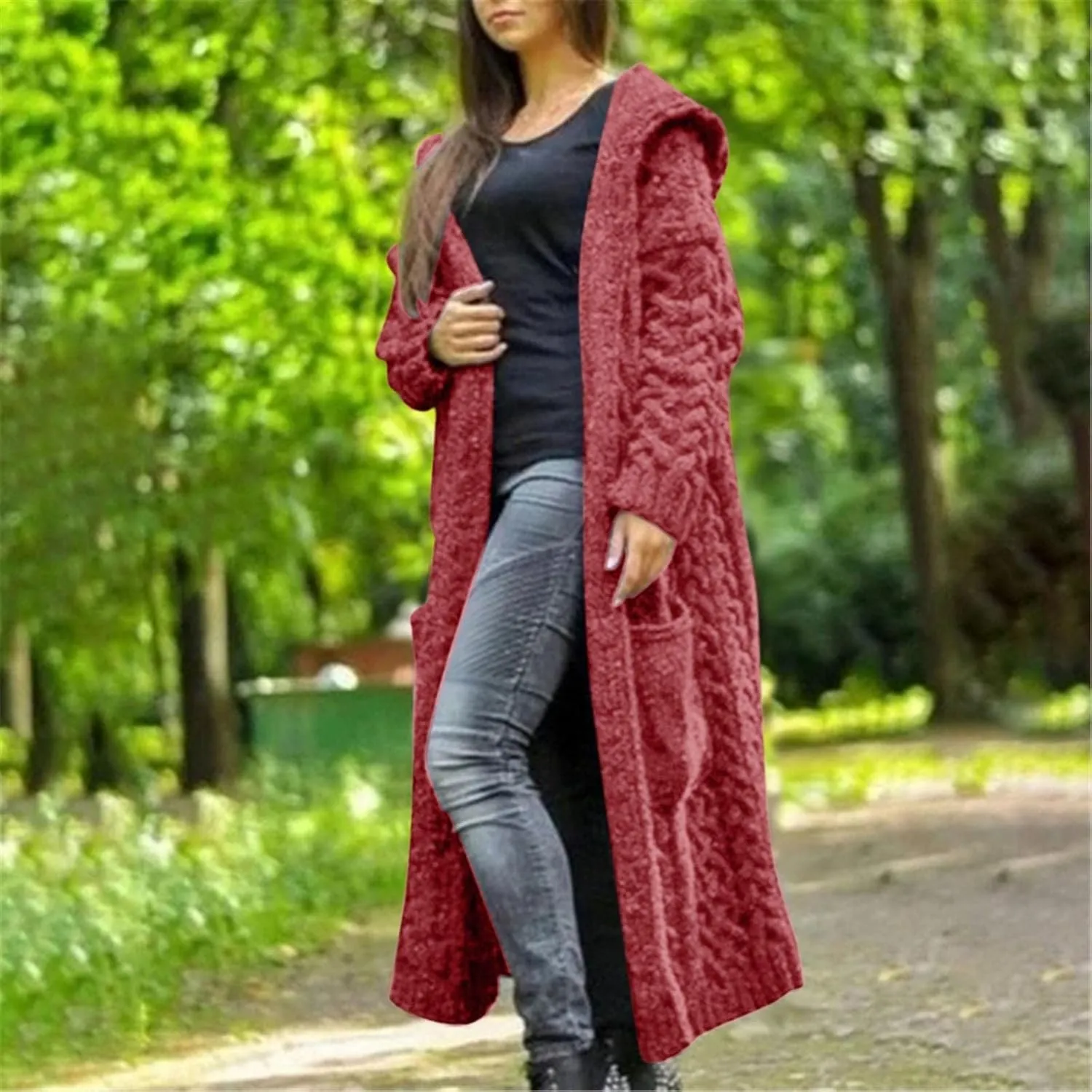Long Cardigan for Women Long Sleeve Cable Knit Loose Plain Fall Winter Trench Coat with Pocket Autumn Ankle Length