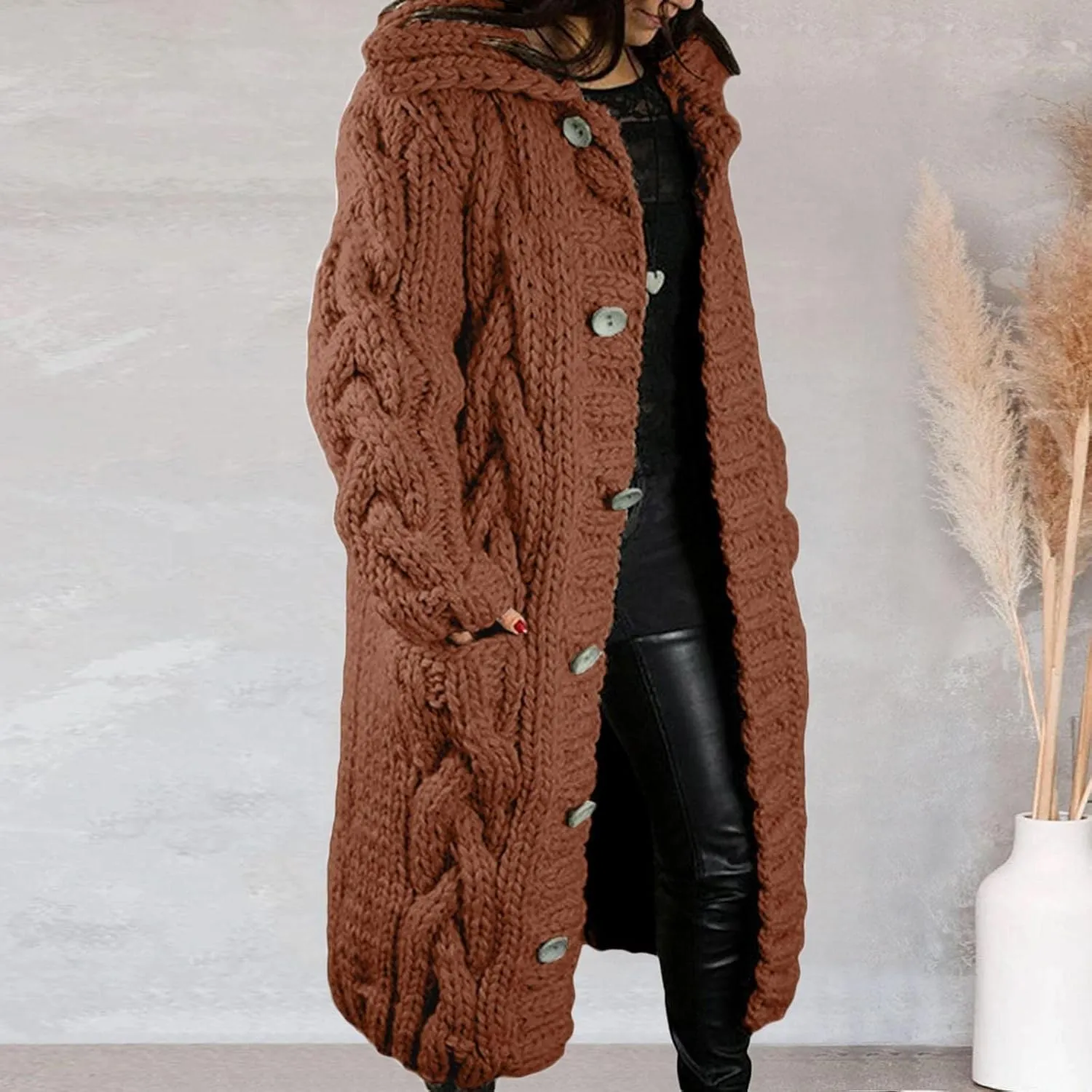 Long Cardigan for Women Long Sleeve Cable Knit Loose Plain Fall Winter Trench Coat with Pocket Autumn Open Front Casual