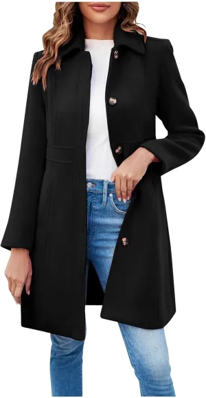 Long Winter Coats for Women Women's Wool Peacoat Single Breasted Notched Collar Trench Coat Fall Winter Fashion Mid-Length Outerwear Long Jackets Black Small