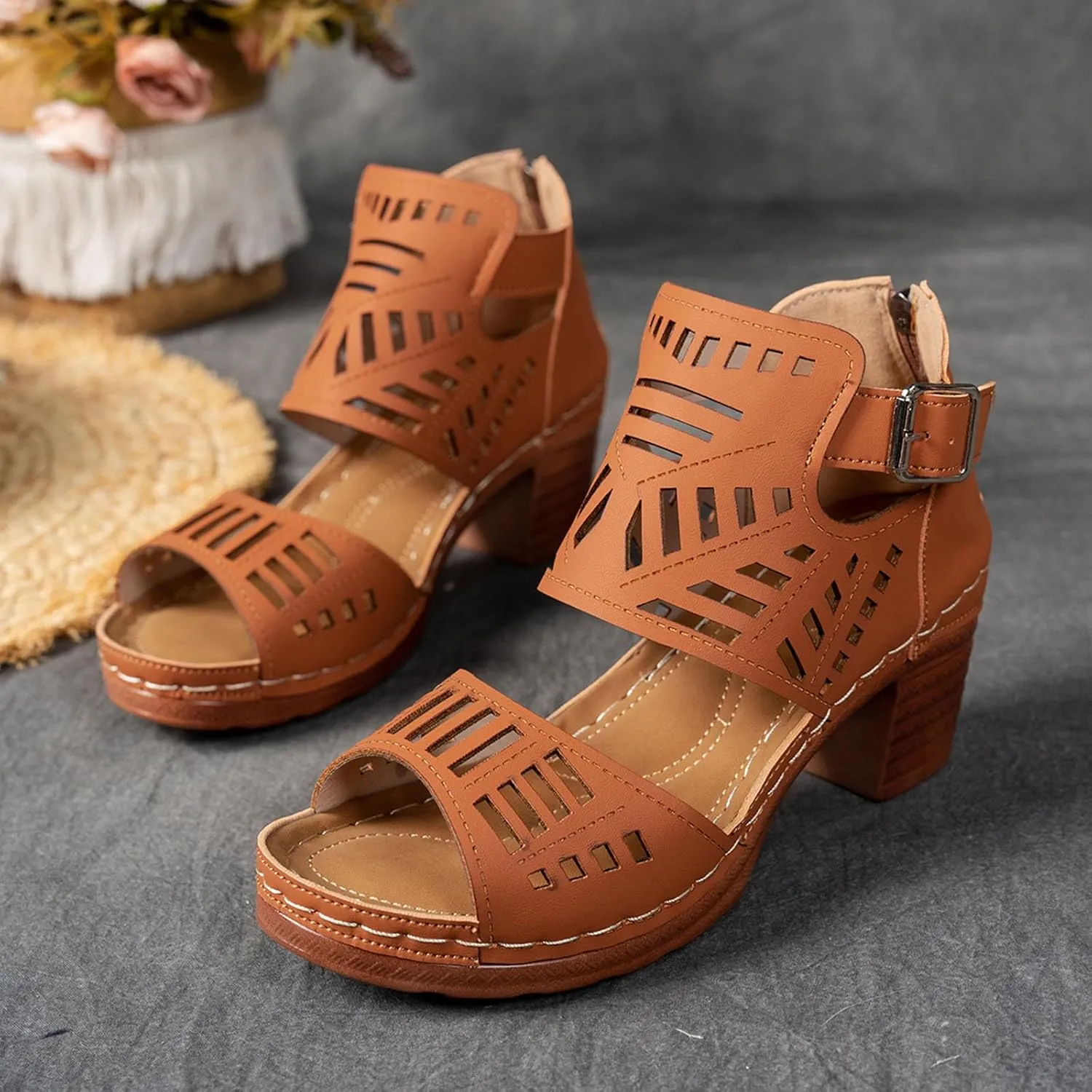 Low Block Chunky Heeled Sandal for Women Open Toe Strappy Chunk Heels for Party Dress Non Slip Walking Shoes