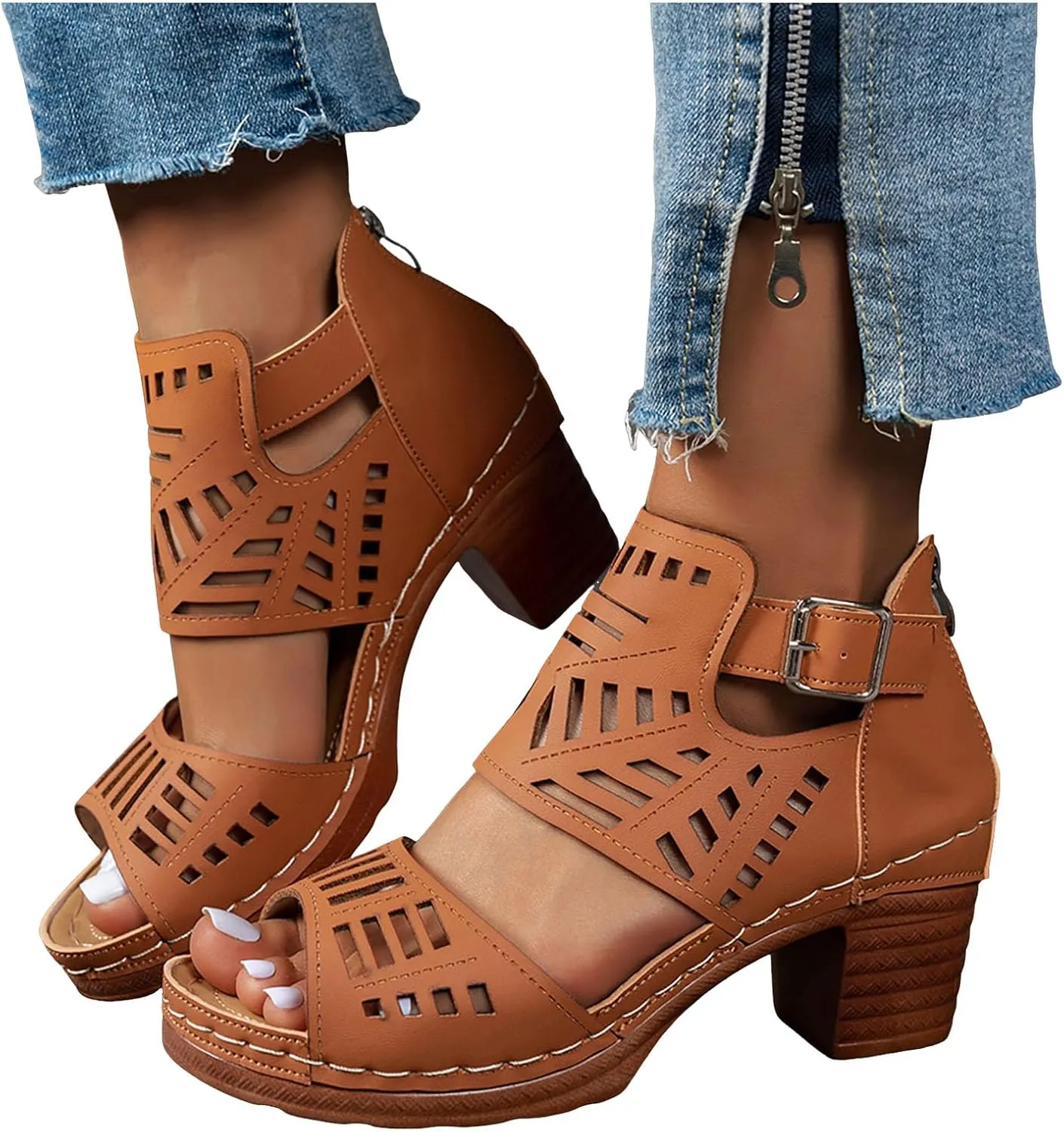 Low Block Chunky Heeled Sandal for Women Open Toe Strappy Chunk Heels for Party Dress Non Slip Walking Shoes