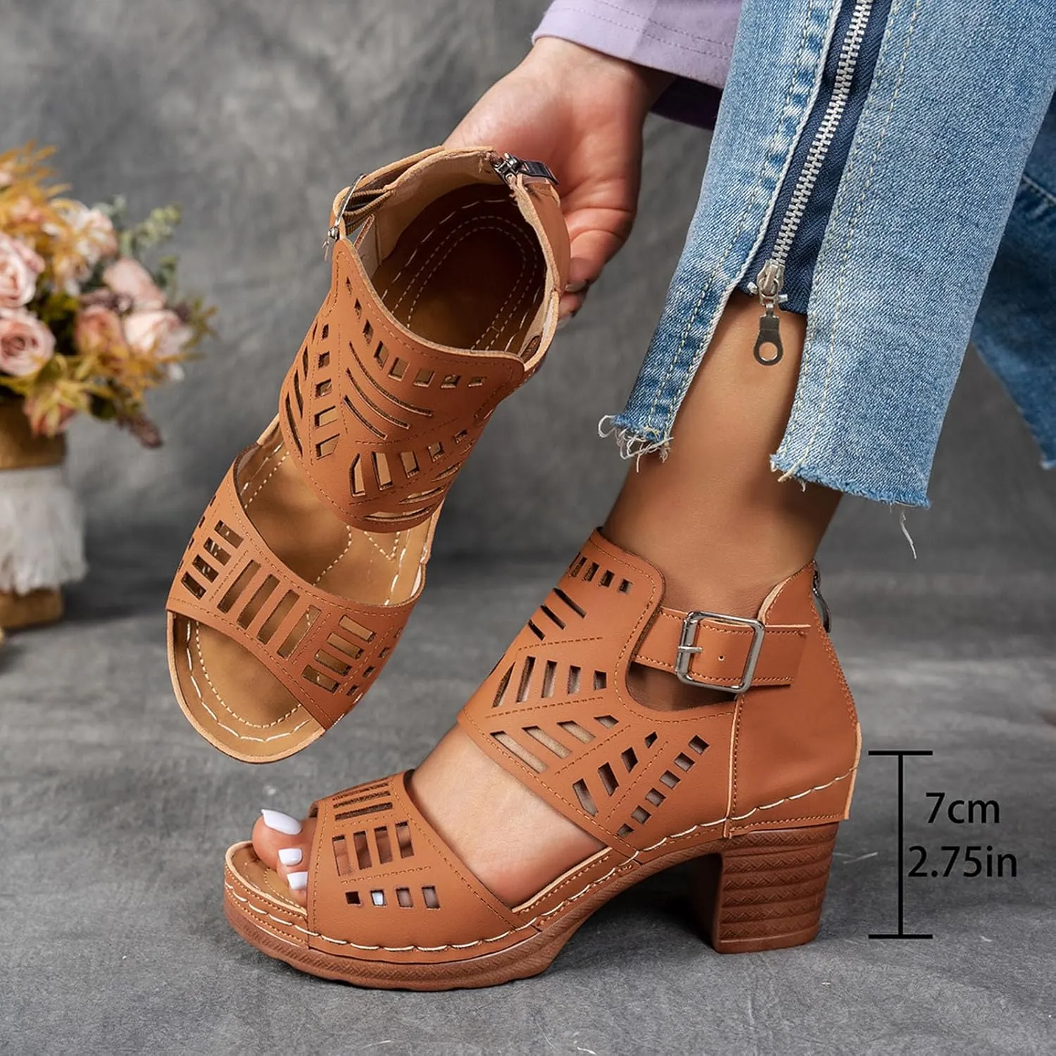 Low Block Chunky Heeled Sandal for Women Open Toe Strappy Chunk Heels for Party Dress Non Slip Walking Shoes