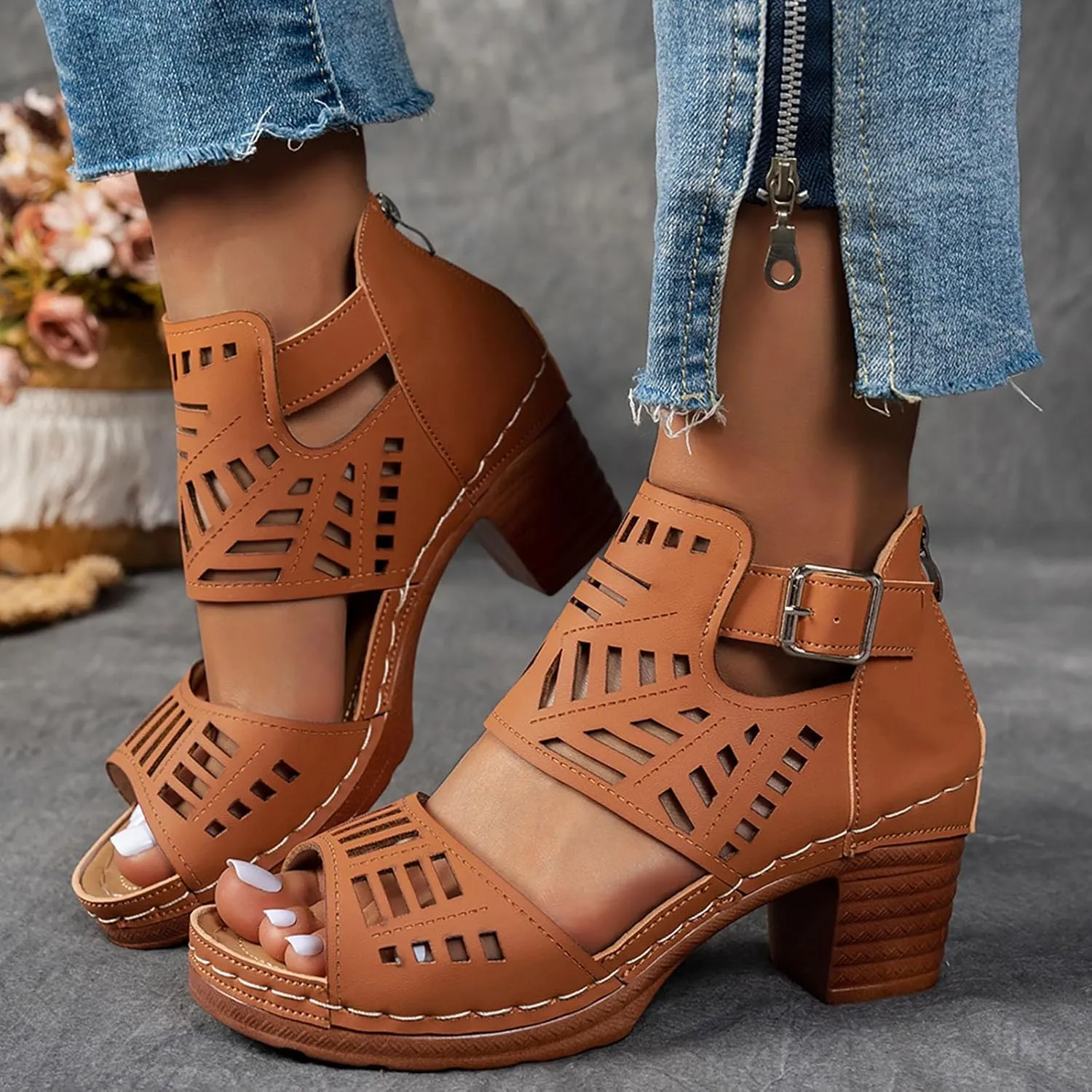 Low Block Chunky Heeled Sandal for Women Open Toe Strappy Chunk Heels for Party Dress Non Slip Walking Shoes