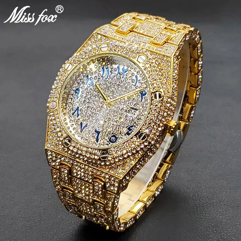 Luxury Iced Out Men's Watch - Hip Hop Style, Full Diamond, Waterproof, Steel, Arabic Numerals
