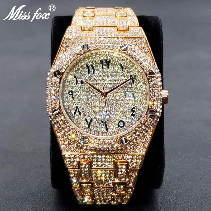 Luxury Iced Out Men's Watch - Hip Hop Style, Full Diamond, Waterproof, Steel, Arabic Numerals
