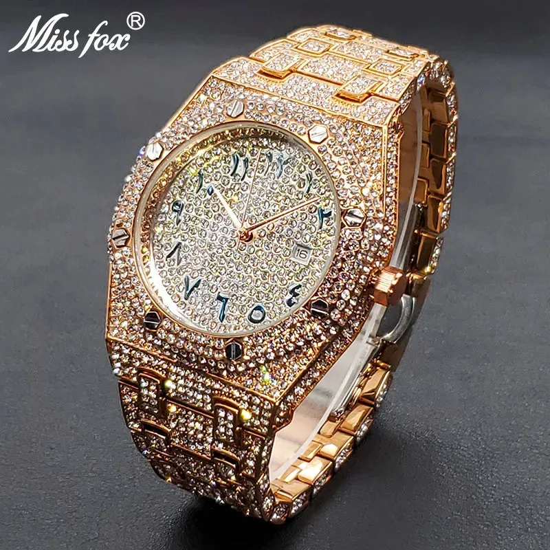 Luxury Iced Out Men's Watch - Hip Hop Style, Full Diamond, Waterproof, Steel, Arabic Numerals