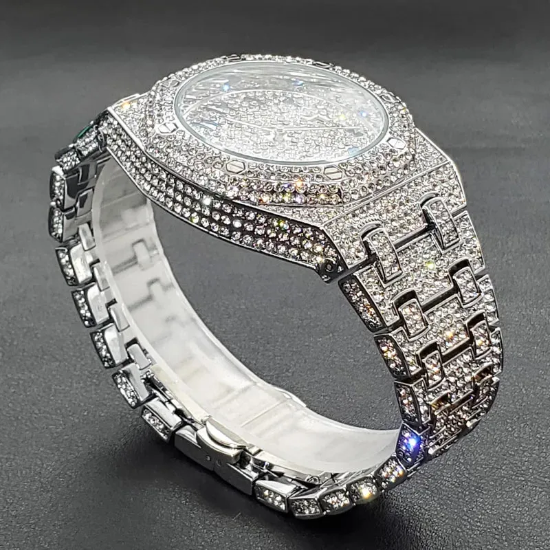 Luxury Iced Out Men's Watch - Hip Hop Style, Full Diamond, Waterproof, Steel, Arabic Numerals