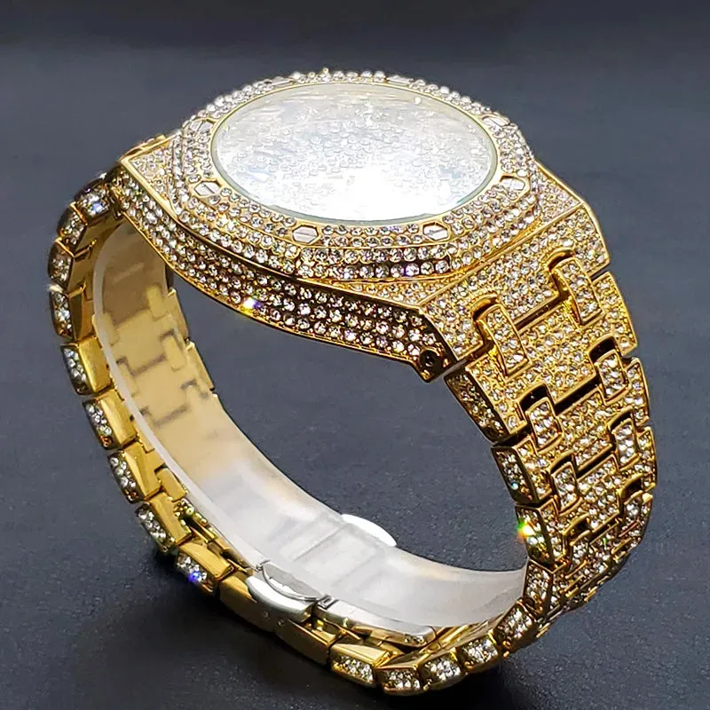 Luxury Iced Out Men's Watch - Hip Hop Style, Full Diamond, Waterproof, Steel, Arabic Numerals