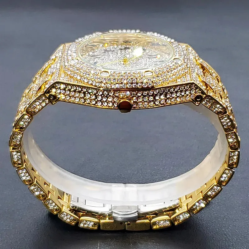 Luxury Iced Out Men's Watch - Hip Hop Style, Full Diamond, Waterproof, Steel, Arabic Numerals
