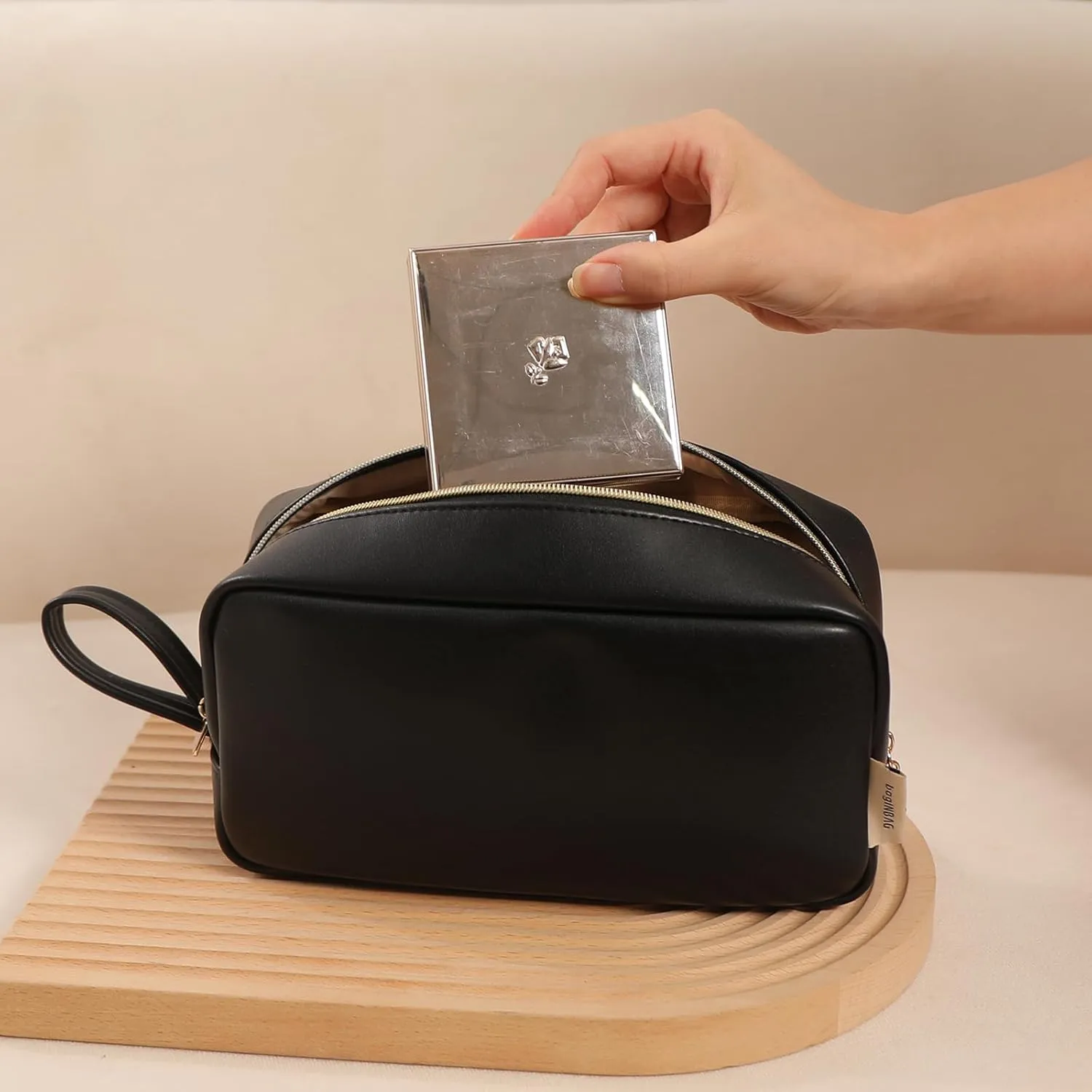 Makeup Bag with Handle, Large Capacity Cosmetic Bag,Water Resistent Make up Bag,Toiletry Zipper Pouch,Tech Bag,Electronic Organizer Travel Case,Storage Pouches for Organization Black