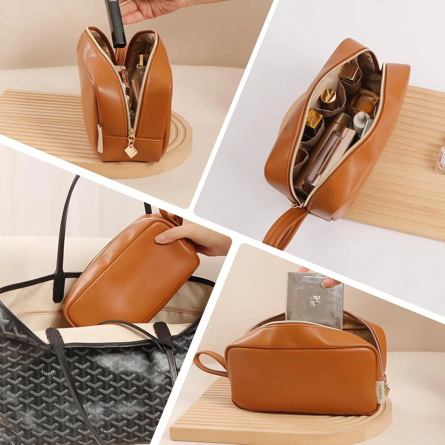 Makeup Bag with Handle, Large Capacity Cosmetic Bag,Water Resistent Make up Bag,Toiletry Zipper Pouch,Tech Bag,Electronic Organizer Travel Case,Storage Pouches for Organization Brown