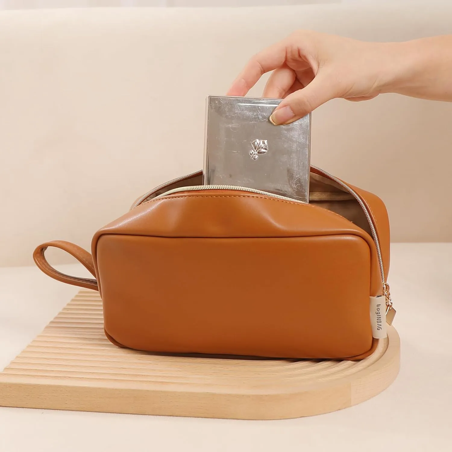 Makeup Bag with Handle, Large Capacity Cosmetic Bag,Water Resistent Make up Bag,Toiletry Zipper Pouch,Tech Bag,Electronic Organizer Travel Case,Storage Pouches for Organization Brown