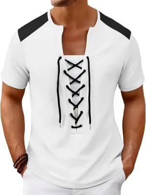 Men Cotton Linen Henley Shirts, Lace Up Short Sleeve V Neck for Beach Renaissance Viking Pirate Hippie, Cotton