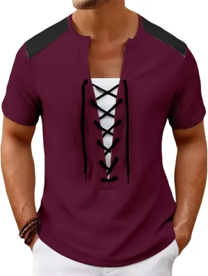 Men Cotton Linen Henley Shirts, Lace Up Short Sleeve V Neck for Beach Renaissance Viking Pirate Hippie, Cotton