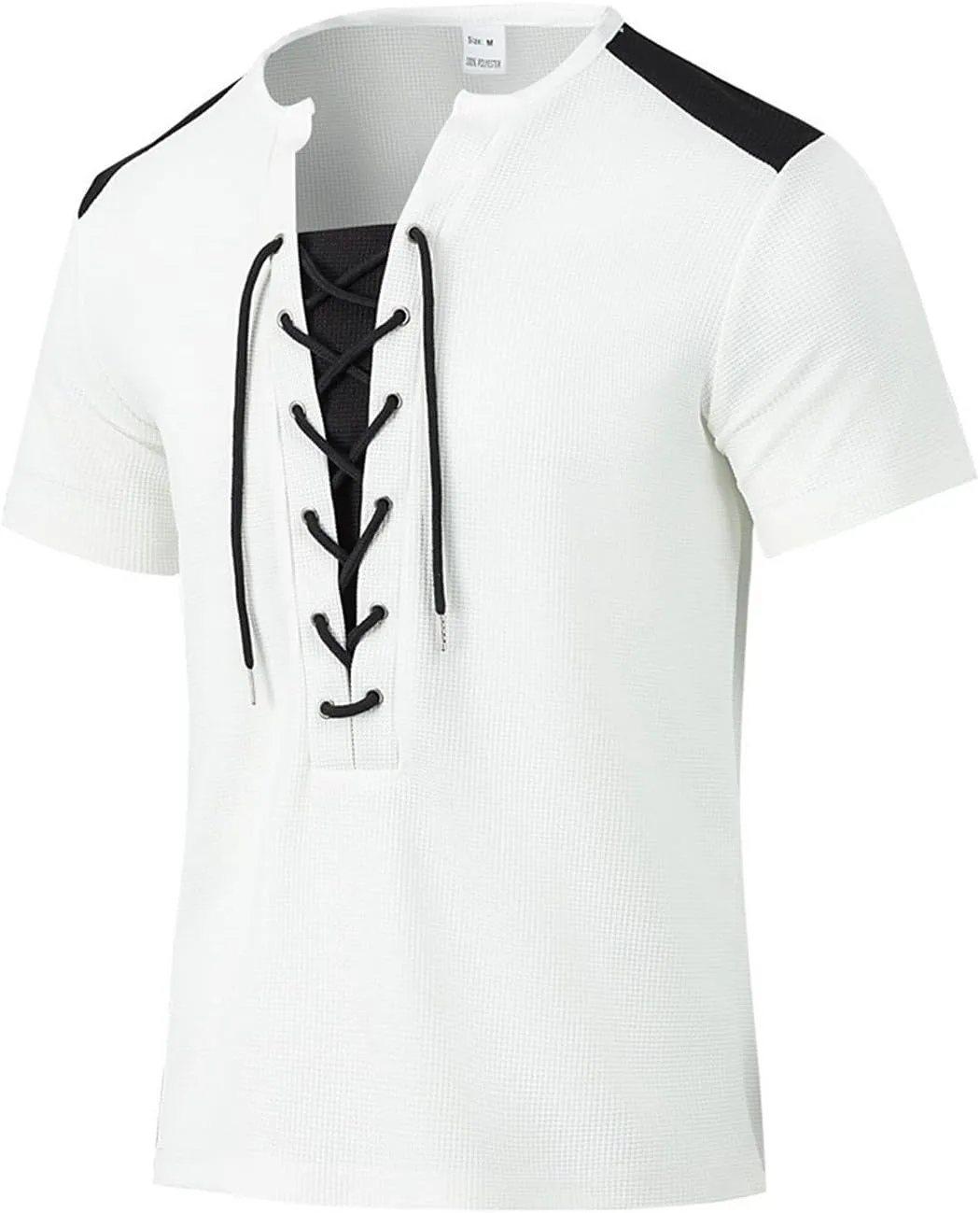 Men Cotton Linen Henley Shirts, Lace Up Short Sleeve V Neck for Beach Renaissance Viking Pirate Hippie, Cotton