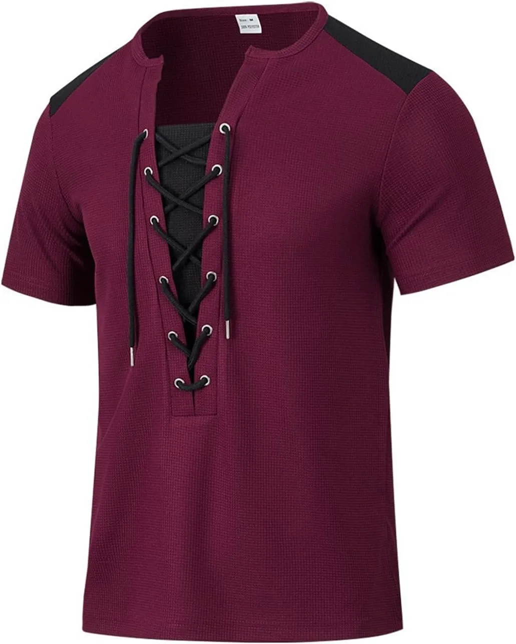 Men Cotton Linen Henley Shirts, Lace Up Short Sleeve V Neck for Beach Renaissance Viking Pirate Hippie, Cotton