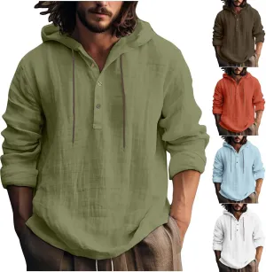 Men Cotton Linen Hoodie Long Sleeve Jumper Drawstring Hooded Sweatshirt Button Up V-Neck Linen Top Solid Color Pullover