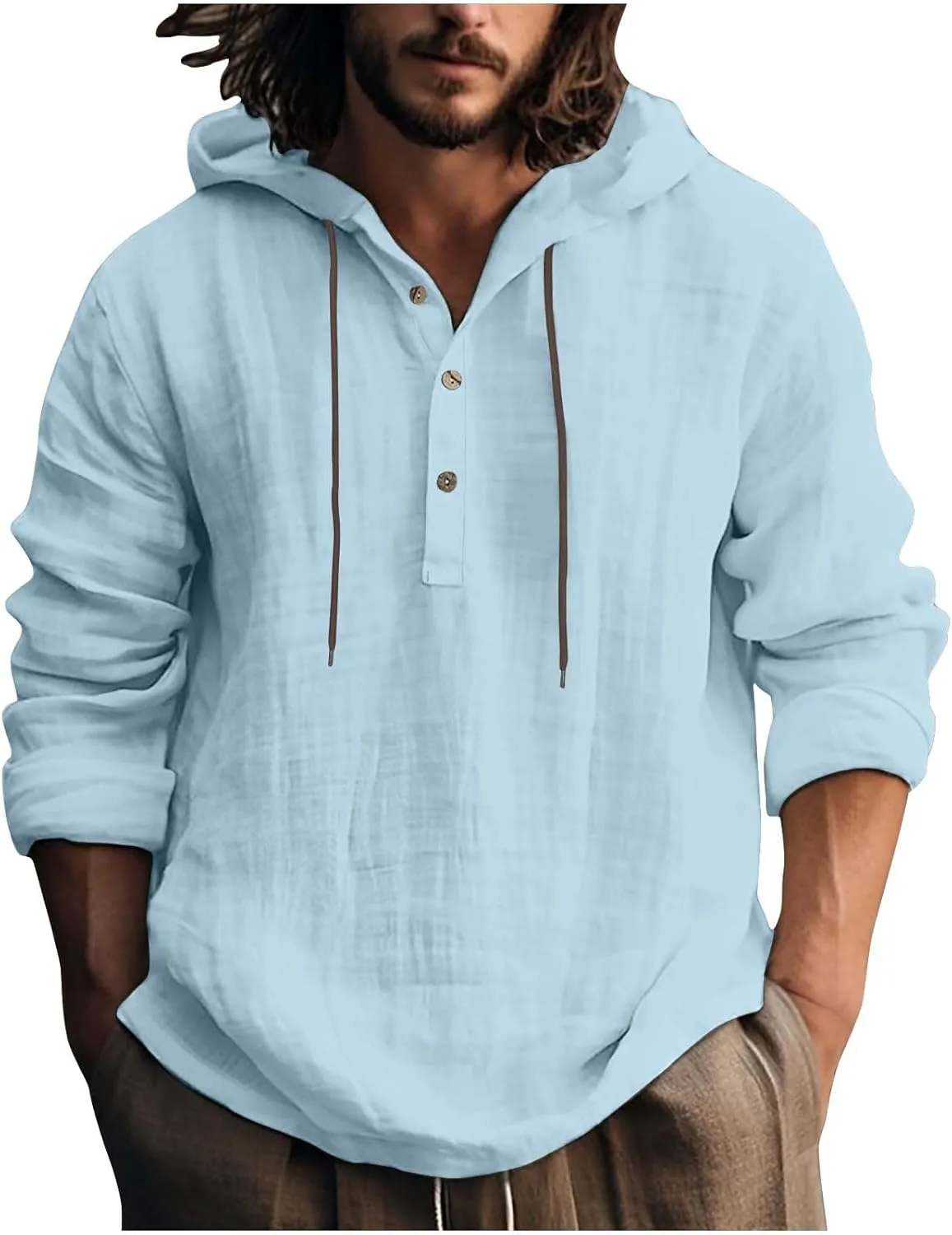 Men Cotton Linen Hoodie Long Sleeve Jumper Drawstring Hooded Sweatshirt Button Up V-Neck Linen Top Solid Color Pullover
