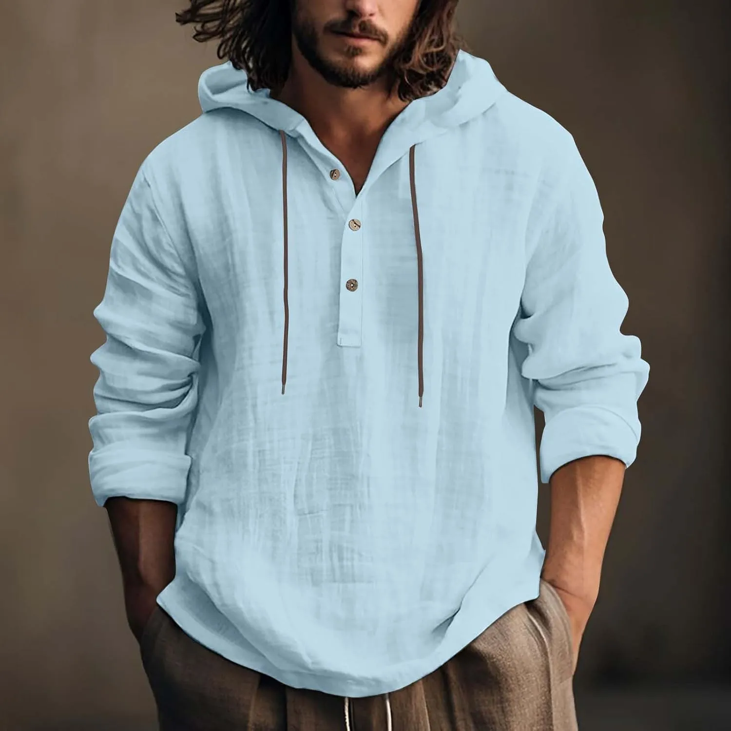 Men Cotton Linen Hoodie Long Sleeve Jumper Drawstring Hooded Sweatshirt Button Up V-Neck Linen Top Solid Color Pullover