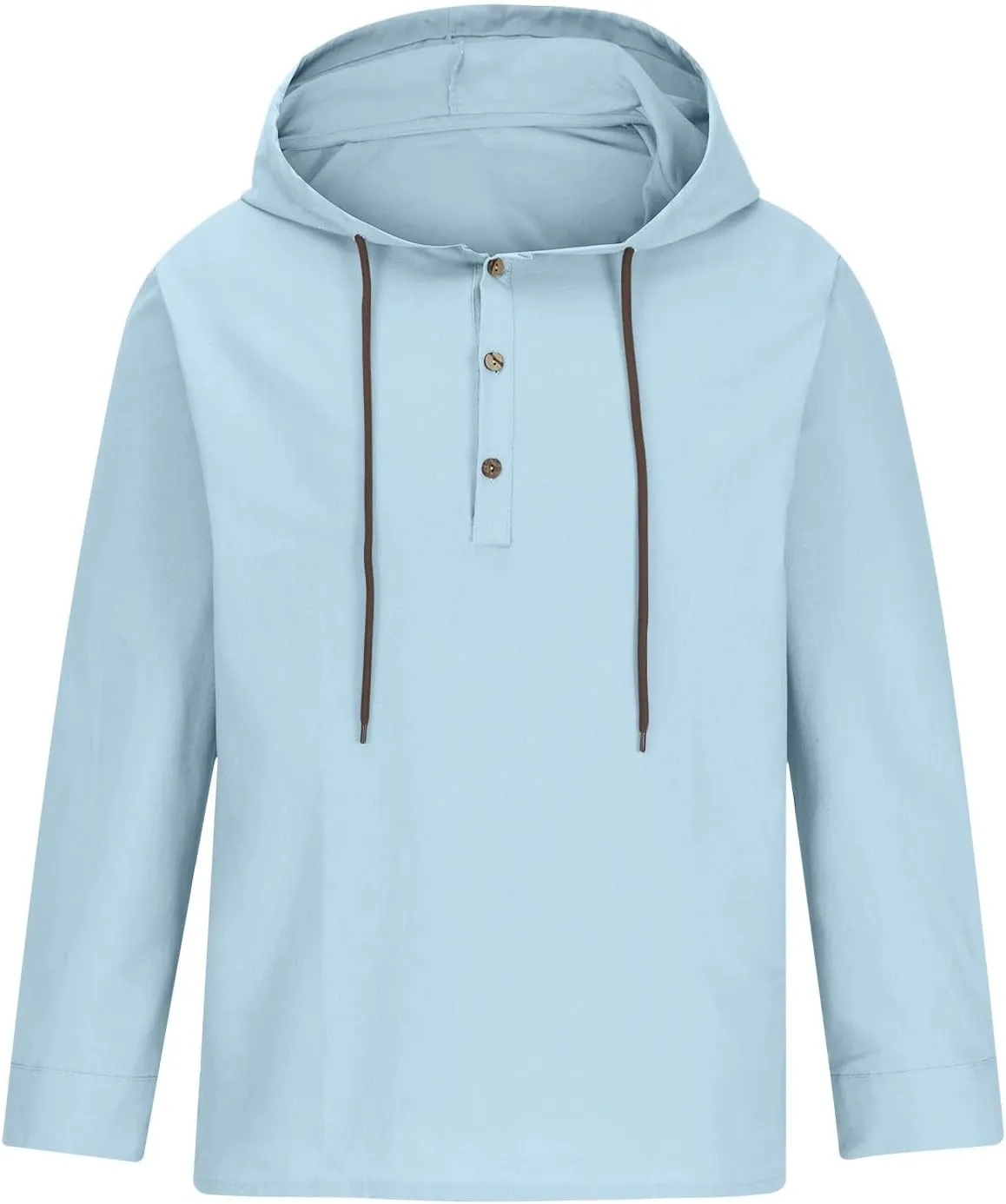 Men Cotton Linen Hoodie Long Sleeve Jumper Drawstring Hooded Sweatshirt Button Up V-Neck Linen Top Solid Color Pullover