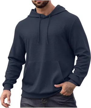Men Hoodies Waffle Knit Solid Color Fashion Sweatshirts Long Sleeve Comfy Lightweight Hooded Sweatshirt