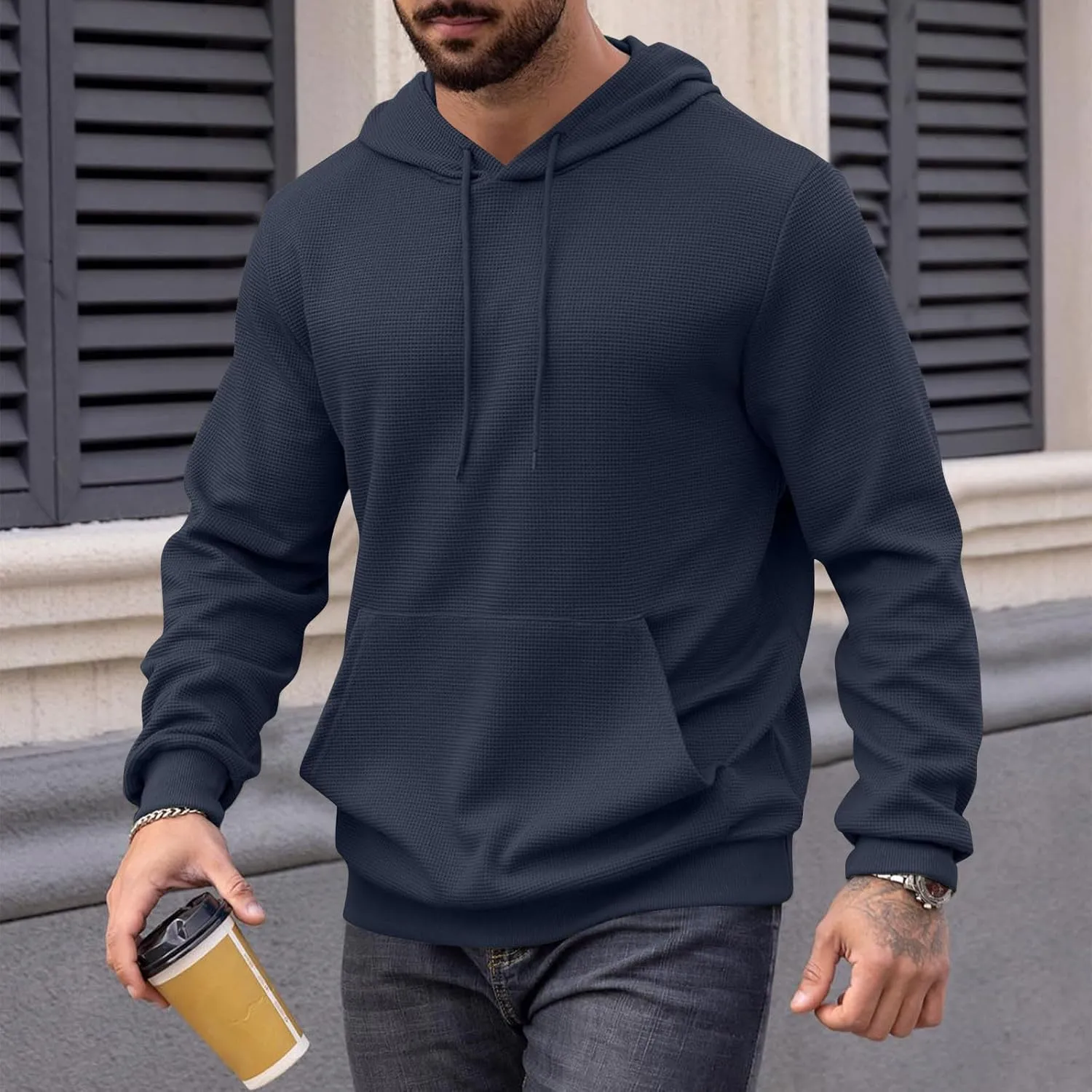Men Hoodies Waffle Knit Solid Color Fashion Sweatshirts Long Sleeve Comfy Lightweight Hooded Sweatshirt