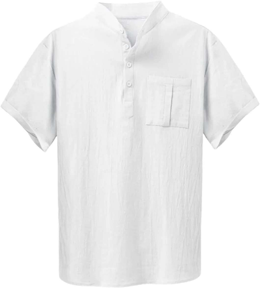 Men Short Sleeve Casual Button Down Striped Henley Lightweight Linen Cotton Dress Shirts with One Pocket Tops