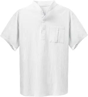 Men Short Sleeve Casual Button Down Striped Henley Lightweight Linen Cotton Dress Shirts with One Pocket Tops