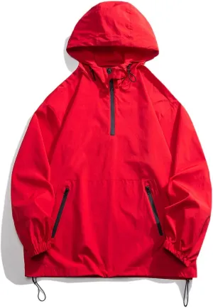 Men's 1/4 Zip Jacket Coat Waterproof Drawstring Hooded Windbreaker Lightweight Long Sleeve Outdoor Sports Jacket