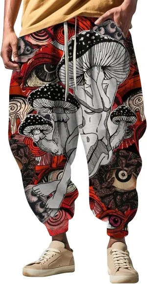Mens All Over Print Hippie Harem Pants Hip Hop Yoga Drop Crotch Trousers Drawstring Baggy Loose Beach Aladdin Pants S-5XL B-Black