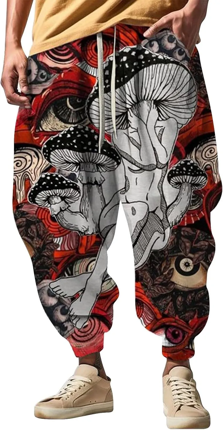 Mens All Over Print Hippie Harem Pants Hip Hop Yoga Drop Crotch Trousers Drawstring Baggy Loose Beach Aladdin Pants S-5XL B-Black