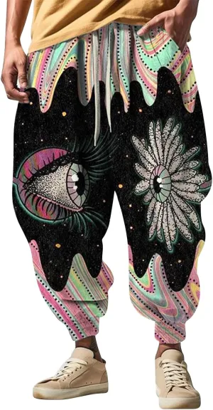 Mens All Over Print Hippie Harem Pants Hip Hop Yoga Drop Crotch Trousers Drawstring Baggy Loose Beach Aladdin Pants S-5XL B-Navy